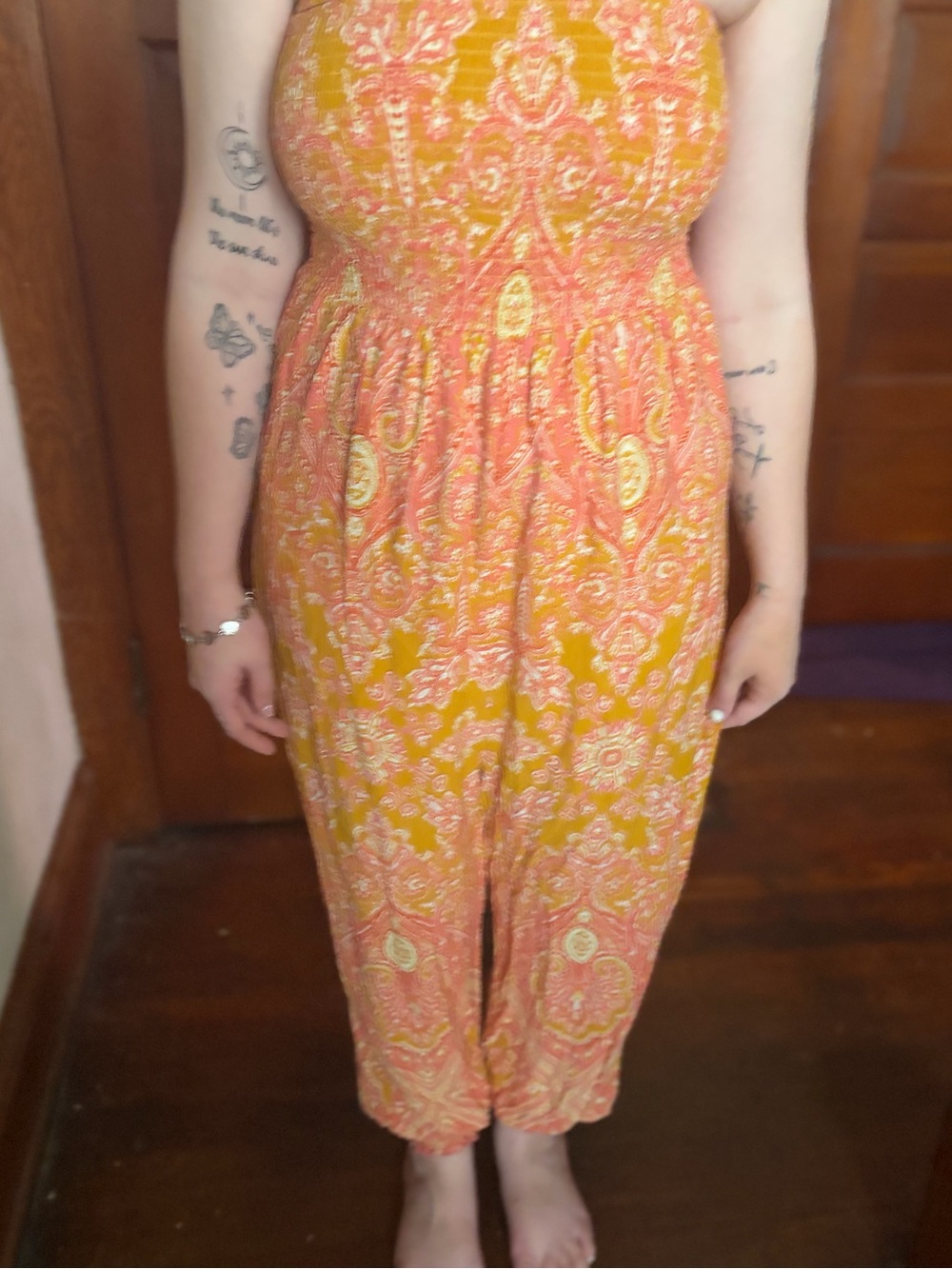 Free People Strapless Paisley Jumpsuit in Mustard Orange and Pink